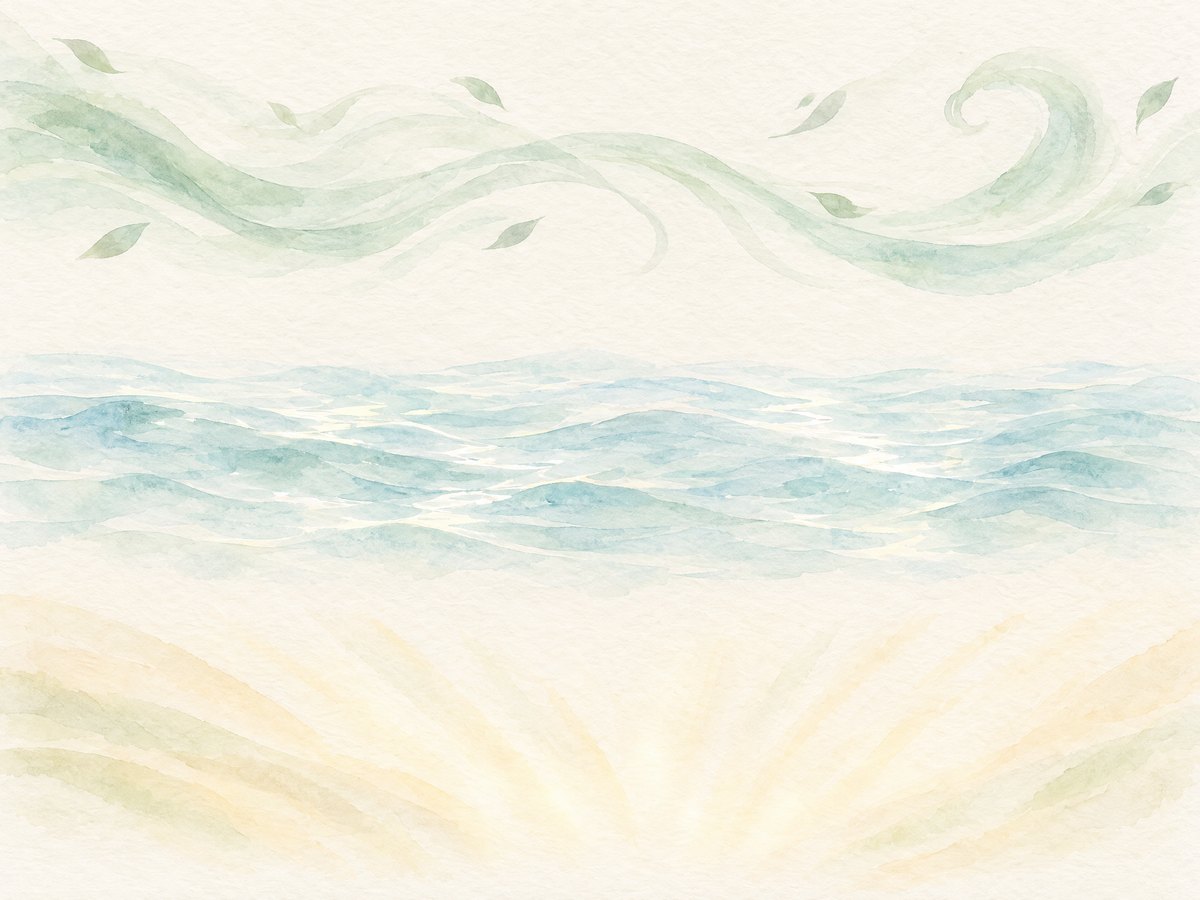 風・水・光を水彩で表したイラスト